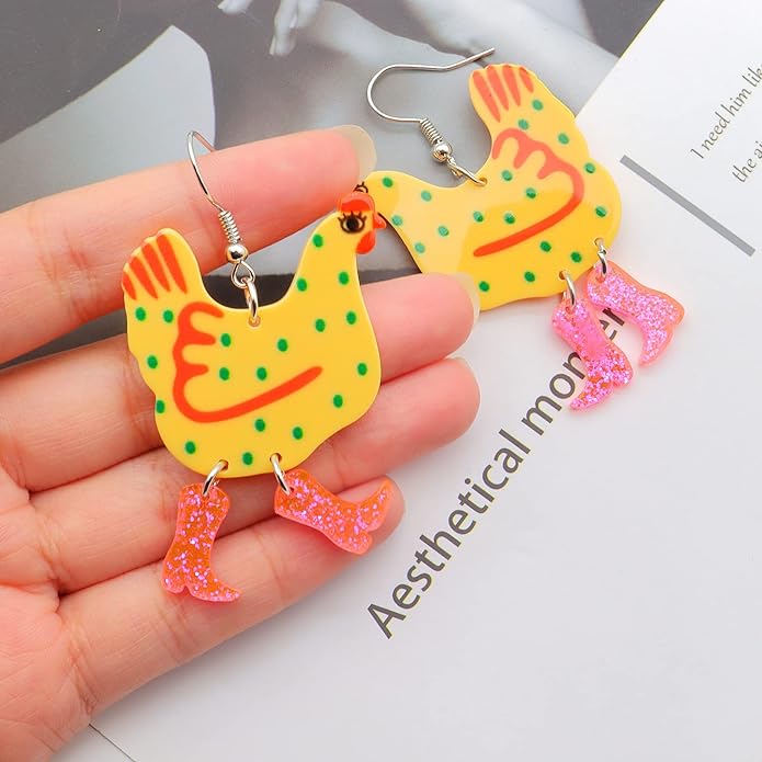 Acrylic Boot Big Chicken Earrings,Funny Colorful Boots Chicken Drop Dangle Earrings,Cock Hen Foot Chicken Earrings for Women Farm Design Lovely Gift