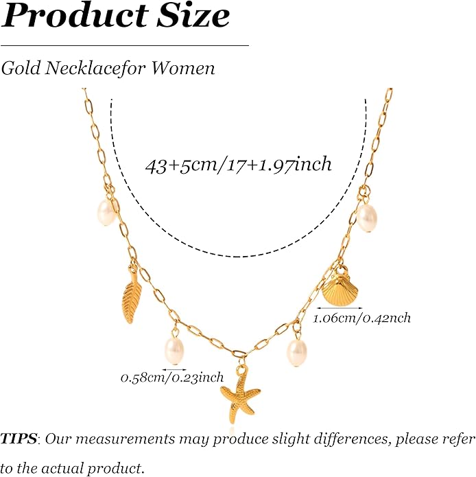 Gold Sea Shell Necklace Layered Charm Necklace for Women Boho Summer Seashell Beach Starfish Necklaces 14k Pearl Chain Surfer Jewelry Beach Vacation Essentials