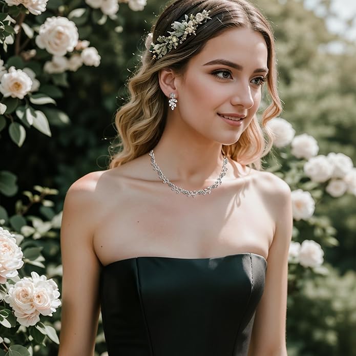 BriLove Wedding Jewelry Set for Women Bride, Gorgeous Stunning Crystal Flower Leaf Cluster Choker Necklace Link Bracelet Stud Earrings Bridal Bridesmaid