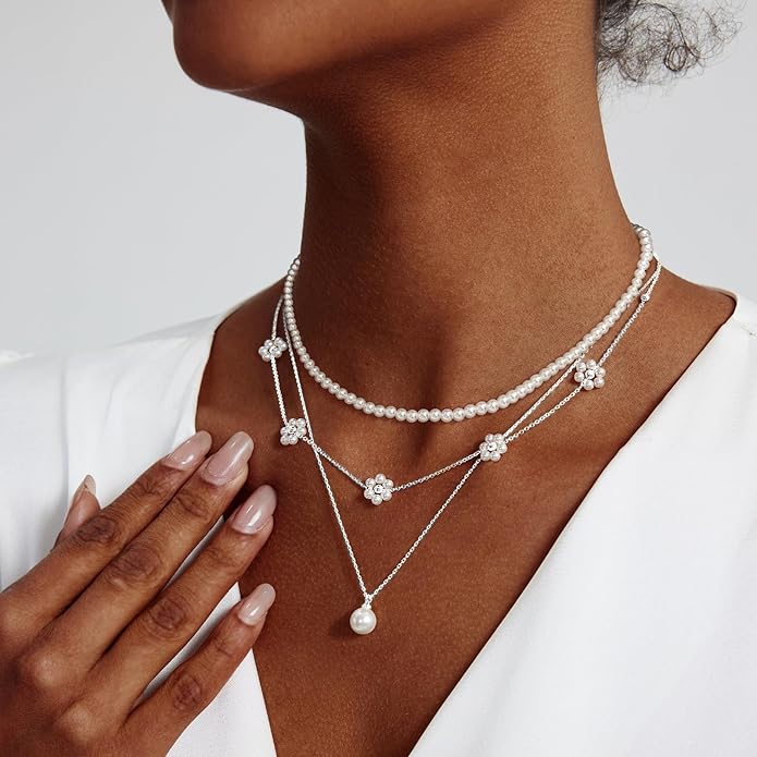 Zeffy Gold Pearl Necklace for Women, Dainty 14K Gold/Silve Plated Layered Pearl Choker Pearl Earrings Pearl Bracelets Wedding Trendy Gold Jewelry Set for Women Gifts
