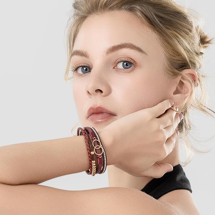 FANCY SHINY Boho Leather Wrap Bracelet Stackable Infinity Chunky Cuff Bracelets Western Hippie Outfits Jewelry Valentine Gifts for Women