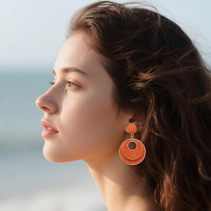 Raffia Hoop Earrings for Women - Boho Straw Wiker Dangle Drop Earrings for Summer Beach, Bohemian Trendy Rattan Jewelry