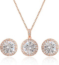 Bridal Crystal Jewelry Set - Sterling Silver Round Cubic Zirconia CZ Rhinestone Halo Birthstone Pendant Necklace Stud Earrings Set for Wedding Bride Bridesmaids Birthday Gift