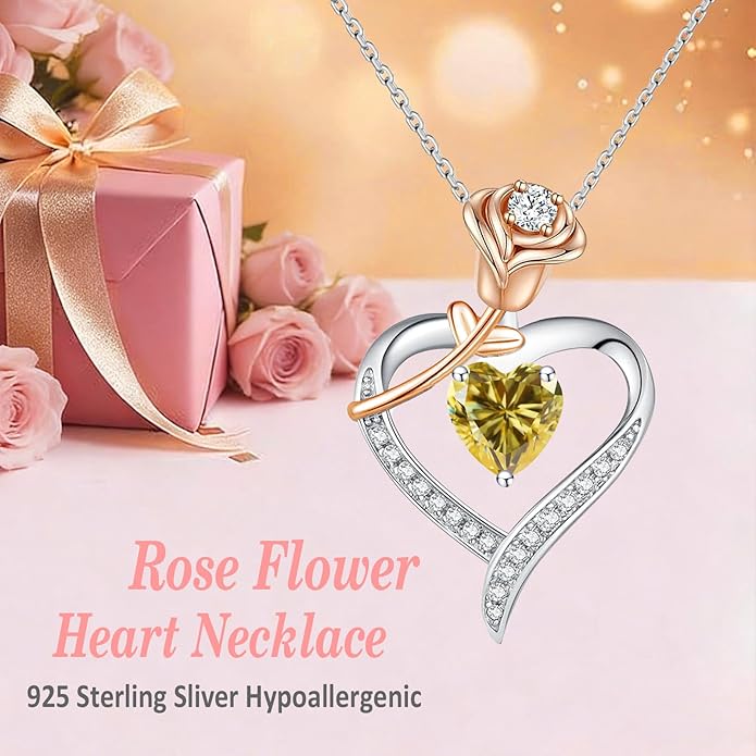 immobird Rose Gold Heart Necklace Birthstone Jewelry Sterling Silver Jewelry Plated White Gold Valentine's Day Gift Women for Wife Mom Necklace for Women