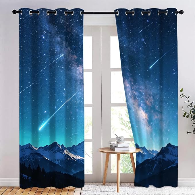 Starry Sky Curtains for Bedroom Blackout, Snow Mountain Meteor Shower Curtains by Unknown
