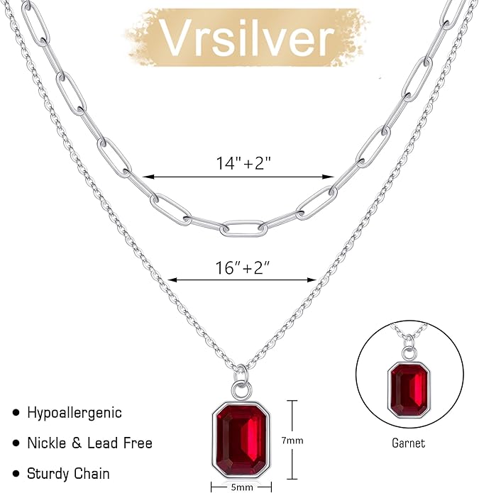 Layered Birthstone Necklace for Women Girls, 14K Gold-Plated Paperclip Chain Choker Necklace with Rectangle Birthstone Pendant Birthday Gifts for Women Girls Dainty Small