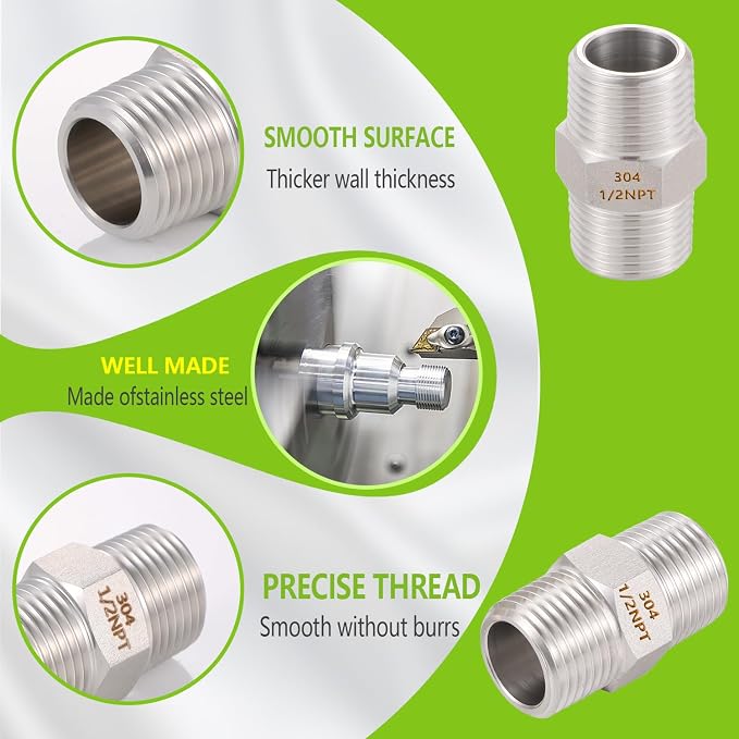 4PCS Hex Nipple 1/2" Male x 1/2" Male Pipe Fittings, 304 Stainless Steel 1/2 - Image 3