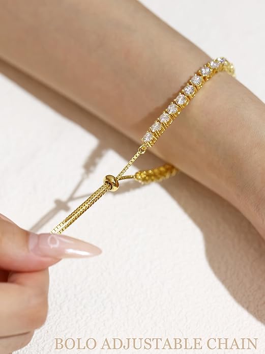 4 Carats 3mm Moissanite Bolo Tennis Bracelet,Adjustable Bolo Simulated Diamond Bracelets,18K Yellow Gold Plated 925 Sterling Silver,D Color VVS1 Round Brilliant Cut,Gifts for Women