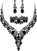 BriLove Women's Wedding Bridal Austrian Crystal Teardrop Flower Cluster Statement Necklace Dangle Earrings Jewelry Set for Party Prom