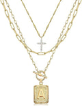 MJartoria Layered Initial Necklaces for Women Trendy, 14K Gold Plated Brass Simple Dainty Cross Choker Square Letter Pendant Necklace, Paperclip Chain Necklaces Jewelry