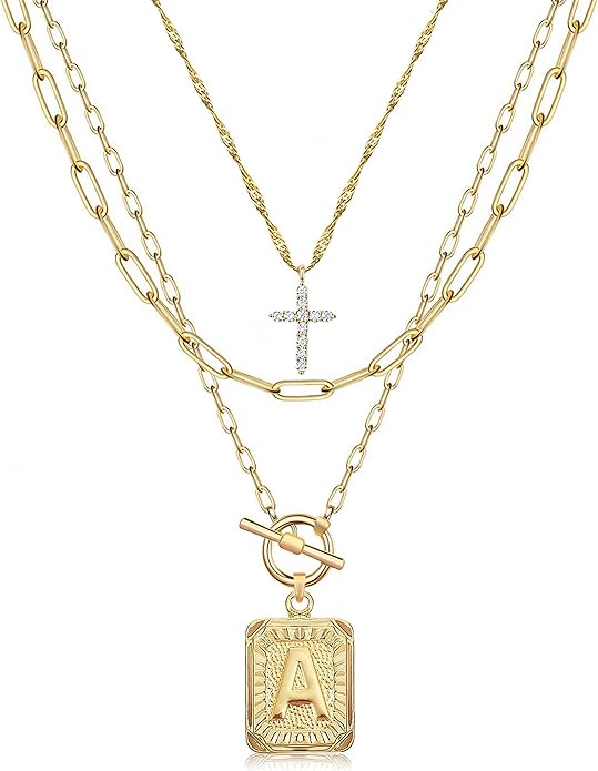 MJartoria Layered Initial Necklaces for Women Trendy, 14K Gold Plated Brass Simple Dainty Cross Choker Square Letter Pendant Necklace, Paperclip Chain Necklaces Jewelry