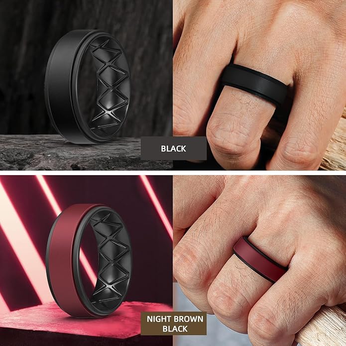 Egnaro Silicone Rings for Men 1/4/5/6/7 Multipack of Breathable Mens Silicone Rubber Wedding Rings Bands - Step Edge