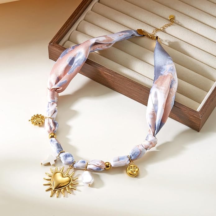 RINHOO FRIENDSHIP Silk Scarf Necklace for Women - Adjustable Boho Vintage Bandana Choker with 18K Non-Tarnish Gold Charms (Assorted Pendants & Patterns) Layered Jewelry Gift Box