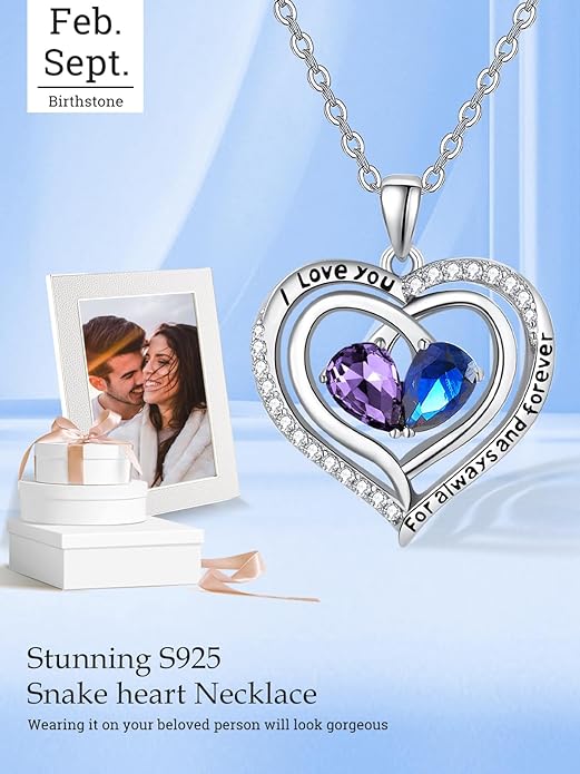 Valentine's Day Gifts for Wife 925 Sterling Silver Double Birthstone Pendant Necklaces I Love You for Always and Forever Necklace Anniversary Birthday Gifts for Wife Girlfriend Mom Her