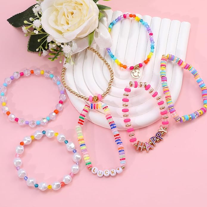 Bohemian Colorful Beaded Bracelets for Women Boho Stackable Natural Stone Letter Clay Glass Beads Stretch Bracelet Set with Charm, Cute Rainbow Friendship Bracelets for Summer Vacation