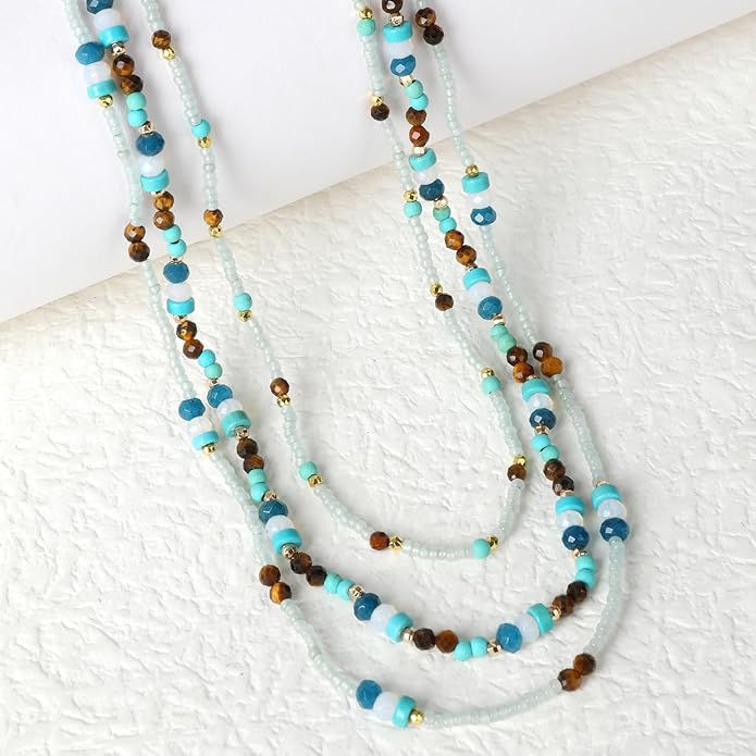 Boho Layered Necklaces For Women Western Turquoise Natural Stone Jewelry For Women Statement Beaded Necklace For Women Dainty Chain Necklace Stack For Women Unique And Unusual Gifts