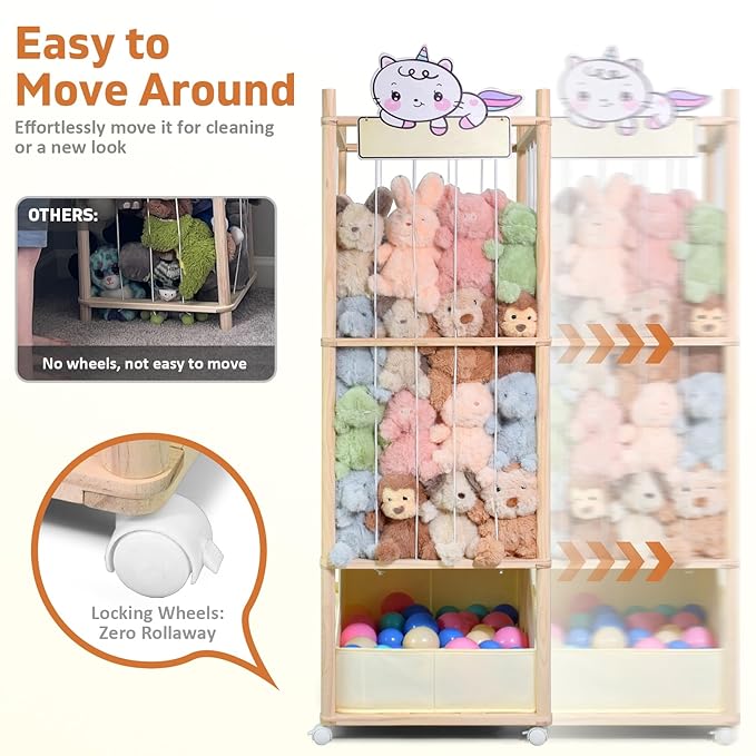 Stuffed Animal Storage with Tiny Toys Tray, Wood Stuffed Animal Zoo Storage with Brake Wheels, Space-Saving Plushie Playhouse for Nursery, Playroom, Kids Bedroom- Easy Assembly
