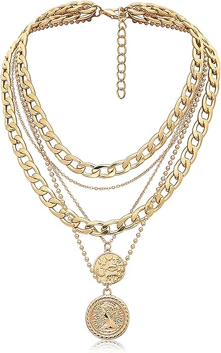 MJartoria Layered Necklaces for Women Trendy Retro Coin Pendant Necklace Dainty Chunky Chain Choker Necklaces for Jewelry Birthday Gifts