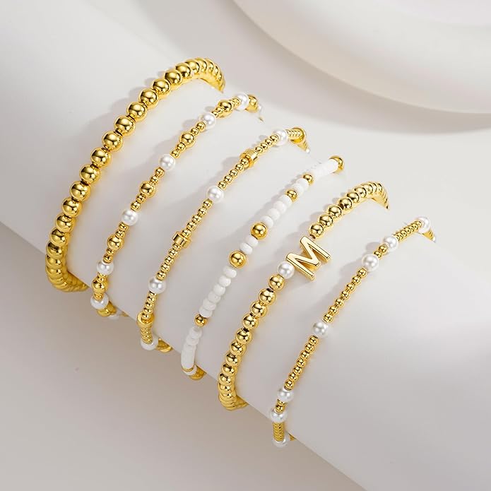 Turandoss 6PCS Beaded Initial Bracelets for Women Girls Valentines Day Gifts - 18K Gold Plated Beaded Initial Letter Bracelet Initial A-Z Stretch Bead Stackable Bracelet Valentines Day Gifts for Her