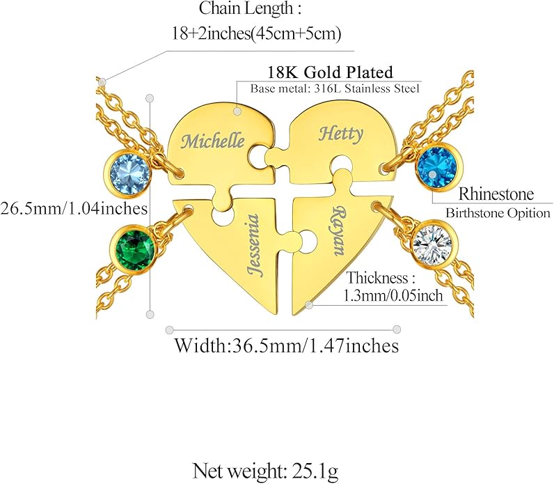FindChic Personalized Matching BFF Necklace for 2/3/4/5/6 Puzzle Name Heart Pendant Stainless Steel Couple Necklace Set Customized Necklaces for Teen Girls