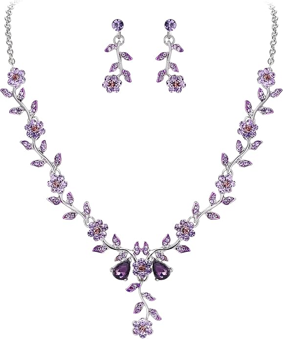 BriLove Women's Wedding Jewelry Leaf Cluster Flower Crystal Dangle Earrings Pendant Necklace Set for Bridal