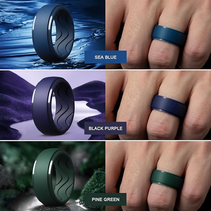 Egnaro Men's Silicone Rings 10mm Wide 2.5mm Thick, Rubber Wedding Bands with Inner Arc Ergonomic Breathable Design, 1/4/5/7 Variety Multipack
