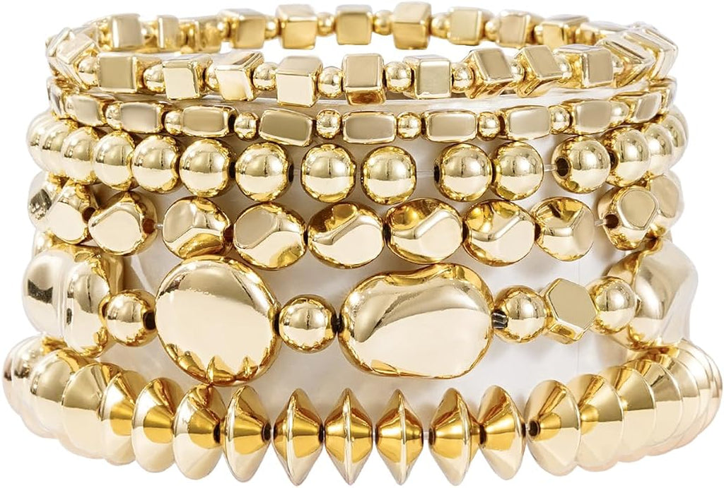 Gold Plated Beaded Bracelets for Women Trendy, 14K Gold Plated Stack Cross Pearl Gold Plated Bead Stretch Bracelets Set Elastic Hypoallergenic Bracelets Jewelry Gifts