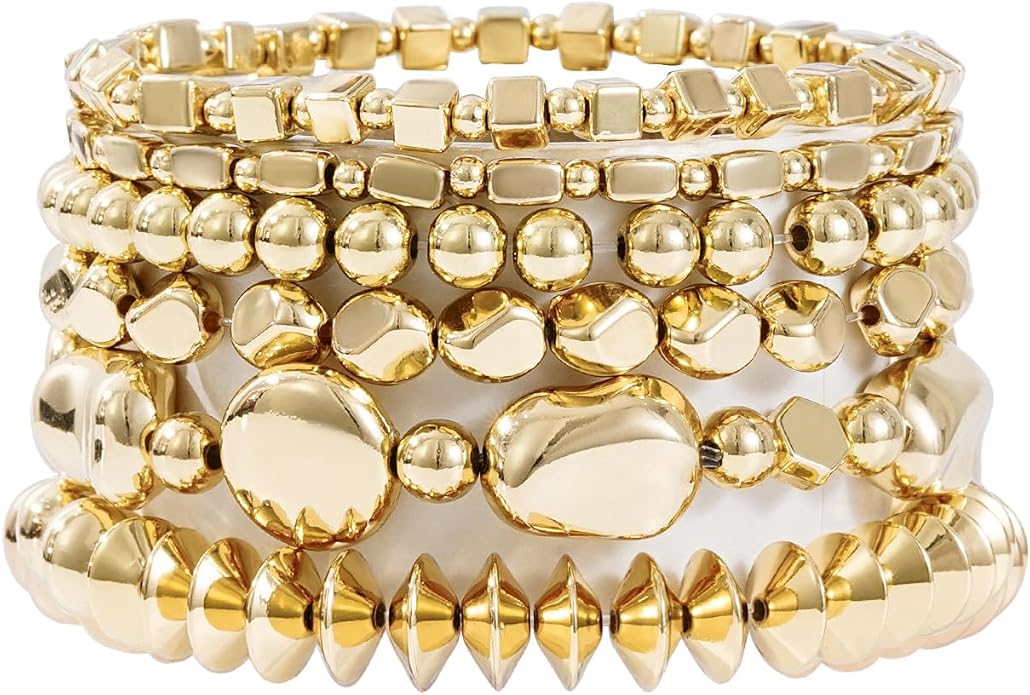 Gold Plated Beaded Bracelets for Women Trendy, 14K Gold Plated Stack Cross Pearl Gold Plated Bead Stretch Bracelets Set Elastic Hypoallergenic Bracelets Jewelry Gifts