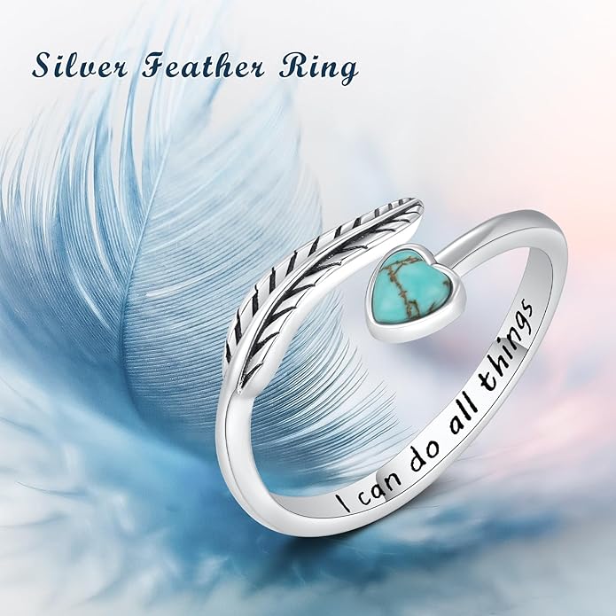 Turquoise/Moss Agate/Moonstone/Black Onyx/Lapis Lazuli/Labradorite/Tiger Eye Feather Ring 925 Sterling Silver Adjustable Ring Western Thumb Rings Vintage Jewelry Gifts for Women
