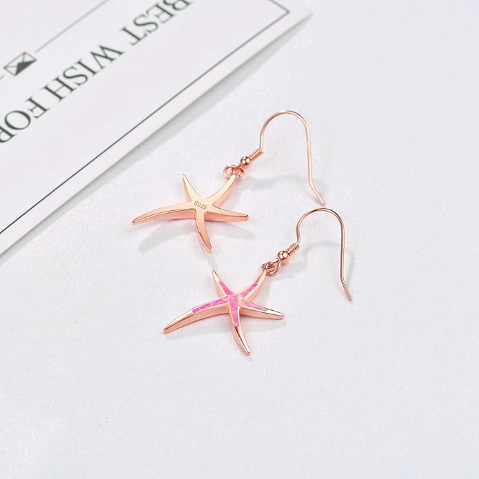 925 Sterling Silver Starfish Earrings With Opal Fish Hoops, Nautical Hawaiian Sea Beach Jewelry for Women and Starfish Lovers