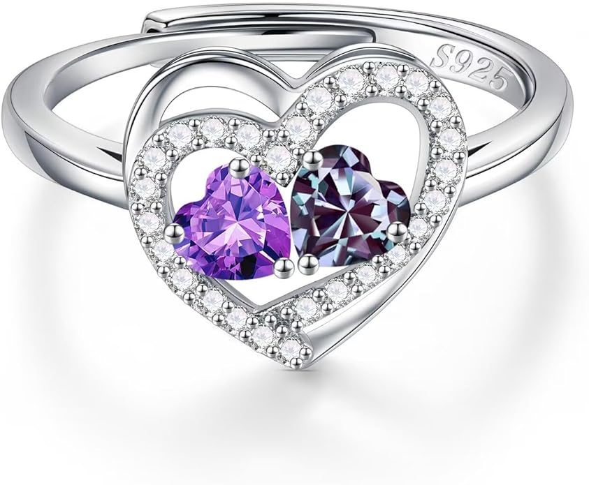 Iefil Adjustable Ring for Women - 925 Sterling Silver Double Birthstone Rings, Anniversary Birthday Gifts for Women Wife Her