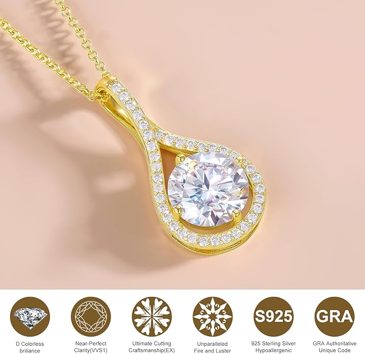 Moissanite Necklace Gift for Women, 925 Sterling Silver 18K White/Yellow Gold Plated 0.5-6.0CT Moissanite Pendant for Her, Anniversary Day, Birthday, Wedding - to My Wife, Mom