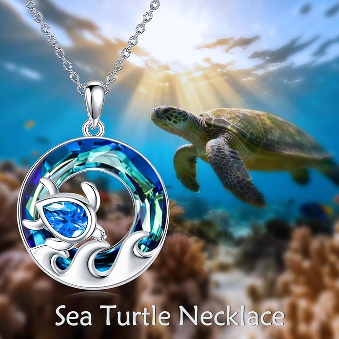 TOUPOP Sea Turtle/Mermaid/Dolphin/Shell/Starfish/Conch/Seahorse Necklace for Women Sterling Silver Ocean Pendant Necklace with Crystal Ocean Beach Charm Jewelry Birthday Christmas Gifts