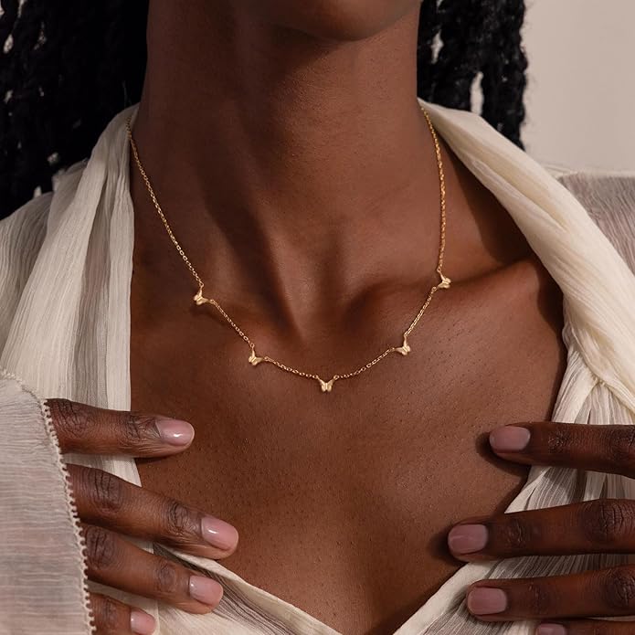 VRIUA Necklaces for Women - 14K Gold/Silver Plated Dainty Chain Necklace with Five Charms: Diamond, Bow, Snowflake, Cross, Flower, Clover, Butterfly, Heart, Star of David, and Star Trendy Jewelry
