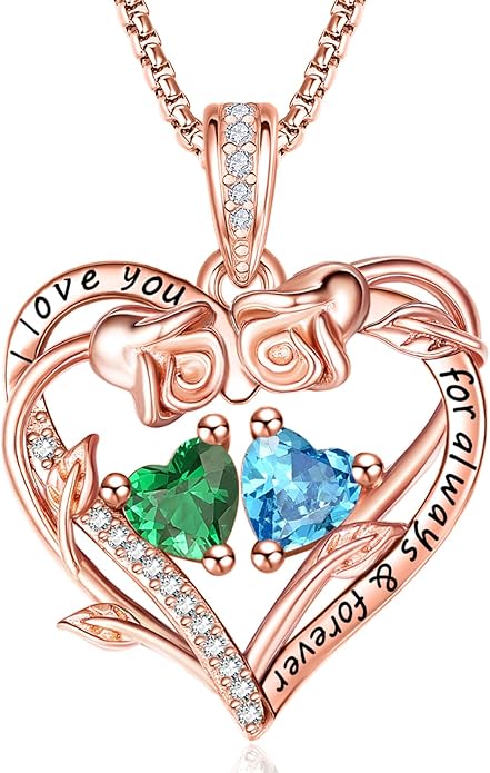 Rose Heart Necklaces for Women, Rose Gold Forever Love Jewelry with 2 Birthstones Pendant,Valentines Anniversarry Birthday Gifts for Her Wife Mom Grandma Daughter, 18+2 Inch Chain