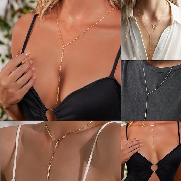 Lariat Gold Necklace for Women Dainty Long Necklace 14k Gold Plated/Silver Y-Shaped Pendant Drop Chain Trendy Layered Pearl/Beaded/CZ Necklaces Simple Gold Jewelry For Women Gift
