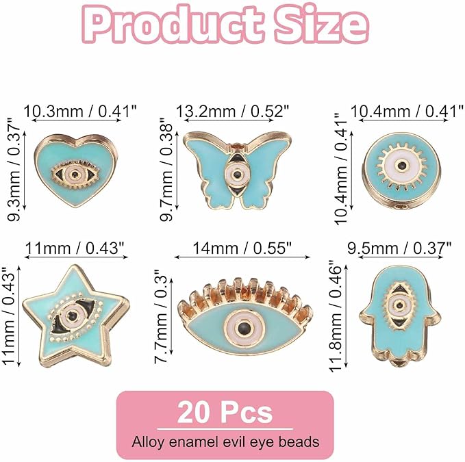 MECCANIXITY 30 Pcs Evil Eye Beads Bulk Colorful Alloy Enamel Loose Spacer Charm Beads for DIY Bracelet Earrings Necklace Crafts Jewelry Making, Sky Blue