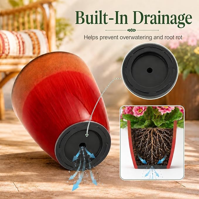 Neoaider Set of 2 Tall Planter, 21 inch Large Plastic Planter, Firey Red | - Image 6