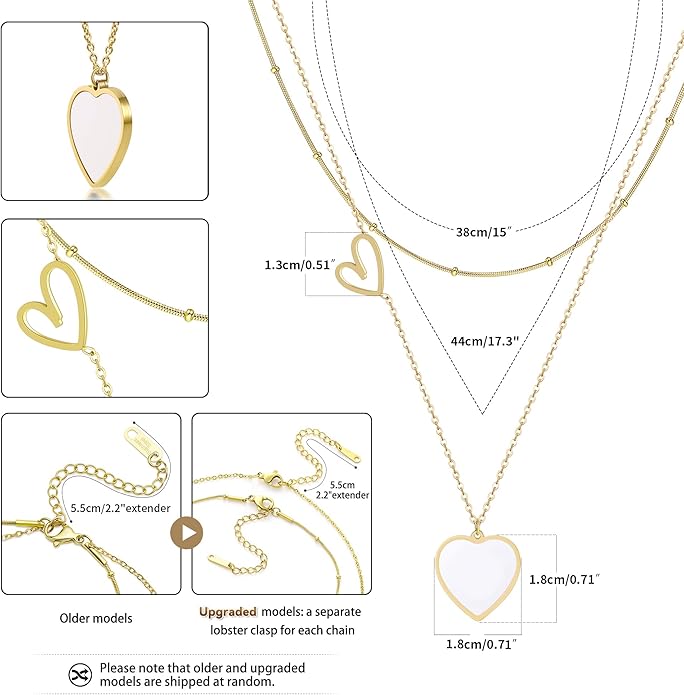 Linawe Layered Choker Heart Pendant Necklace for Women Trendy, Gold/Silver/Rose Gold Chain Stainless Steel Stacked Necklaces, Double Heart Necklace Y2K Preppy Jewelry