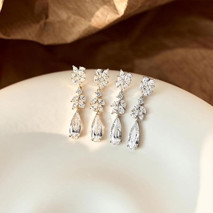 Dangle Drop Earrings for Women Wedding Bridal Rhinestone Long Cubic Zircon Dangling Crystal Chandelier Sparkly 14K Gold Plated Dainty Trendy Jewelry