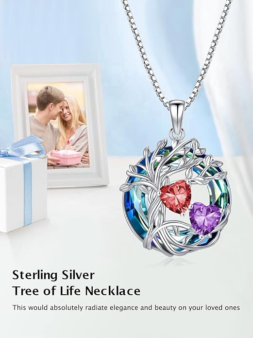 TOUPOP s925 Sterling Silver Family Celtic Tree of Life Pendant Necklaces with 2 Heart Birthstone with Blue Austrian Crystal Jewelry Birthday Valentines Day Gifts for Her, Anniversary Christmas Gifts for Wife Girlfriend Mom (18K Real White Gold Filled)