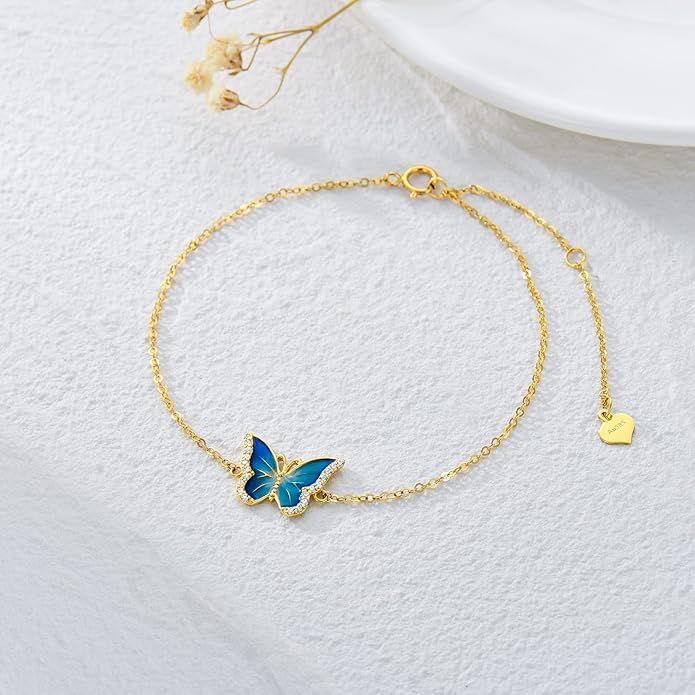 SISGEM 14k Gold Diamond Blue Butterfly Anklet for Women, 14 Karat Gold Ankle Bracelet Jewelry Gifts for Her (0.12 ct, 9.4-11 Inch)