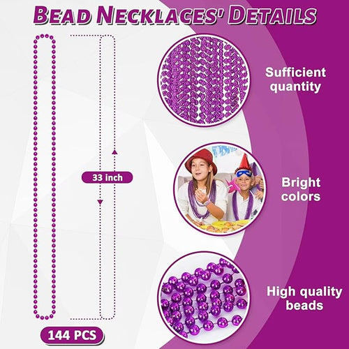 144PCS Mardi Gras Beads, Purple Bead Necklace Party Favors, 33" Beaded Necklace Costume Bulk, Festival Parade Throw Accessories for Halloween Mardi Gras Wedding Birthday Celebrations Decorations