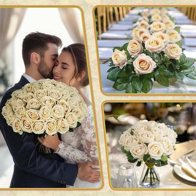 100 PCS Fake Champagne Roses, Artificial Champagne Flowers Bulk, Faux Roses | - Image 3