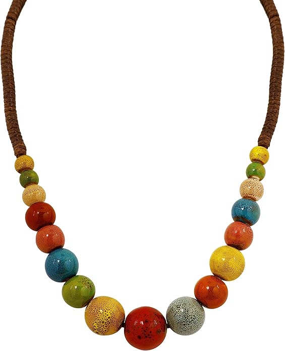 MINACHI Hippie Boho Colorful Ceramic Round Beads Strand Necklace, Bohemian Fashion Statement Jewelry Gift for Women