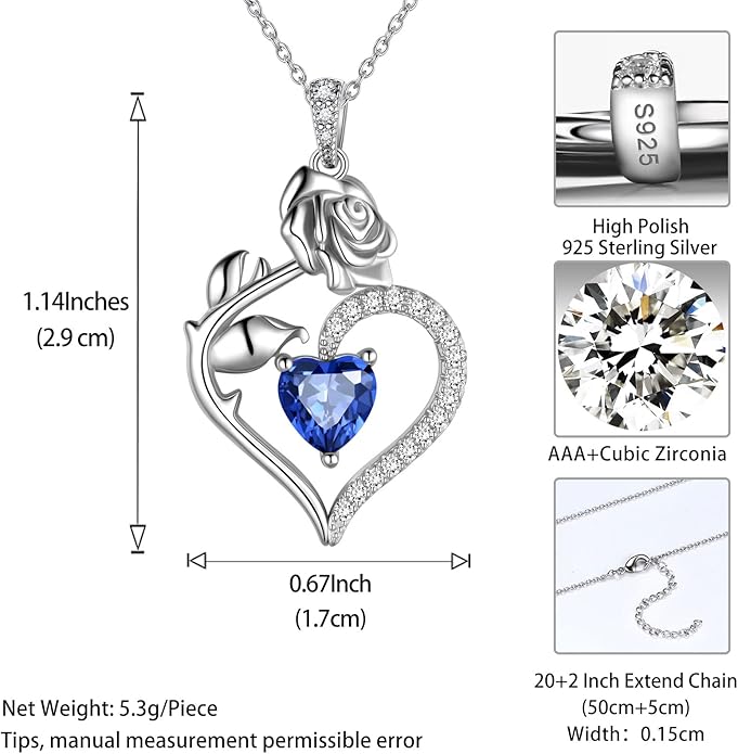 Jewmon Valentine Day Gifts for Her Rose Heart Birthstone Necklace for Women 925 Sterling Silver Birth Stone Flower Rose Necklace Anniversary Love GIfts for Girlfriend Wife Mom Birthday Gifts for Her