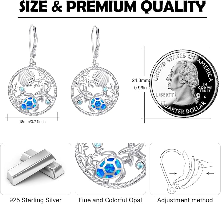Turtle Earrings for Women S925 Sterling Silver Hawaii Blue Opal Sea Starfish Dangle Earring Tortoise Drop Animal Statement Ocean Summer Beach Vacation Jewelry Mothers Day Christmas Gift