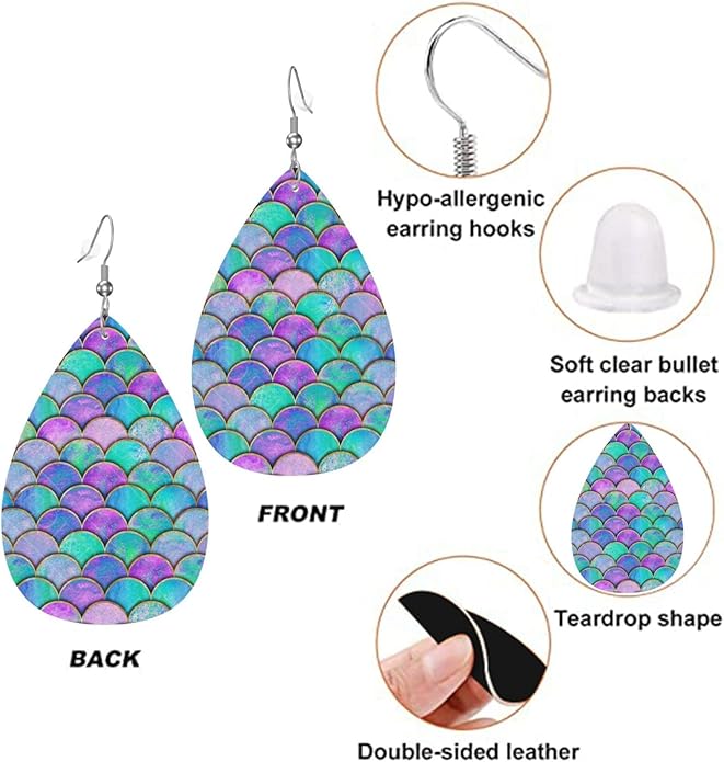 Mermaid Japanese Teardrop Earrings For Women, Dangle Earrings Jewelry For Women, Lightweight Faux Leather Earrings Gifts