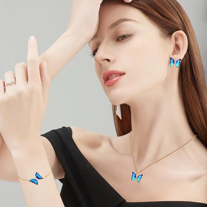MISS RIGHT Butterfly Crystal Jewelry Set with Butterfly Necklace Stud Earrings Bolo Bracelet Adjustable Ring for Women Trendy, Iridescent Y2K Dainty Butterfly Jewelry Gifts