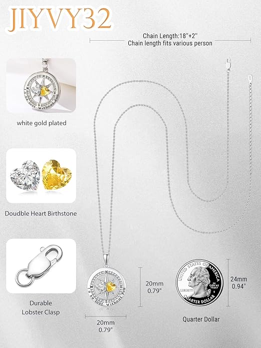 Compass Necklace for Women, Exquisite S925 Valentines Day Anniversary Birthday Gifts for Wife Her Double Birthstone Pendant Jewelry ‘I'd be Lost Without You’